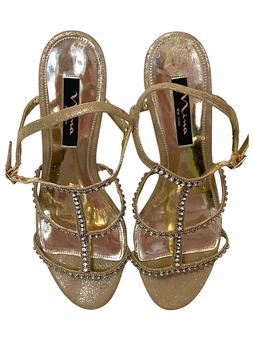 Nina New York Gold Rhinestone Strappy Evening Heels Size 9M